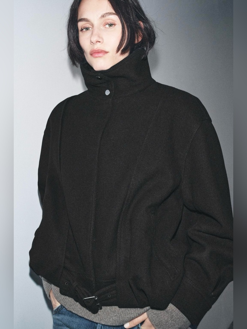 ZARA Minimalist Wool-blend, high-neck balloon hem bomber jacket . M NWT